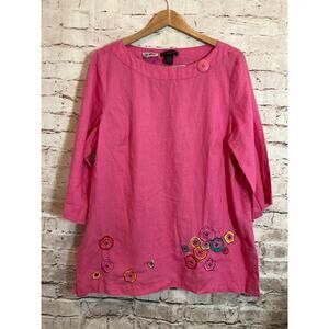 Sara Isabella Top Womens 18 Tunic Hot Pink‎ Irish Linen Embroidered Buttons Plus
